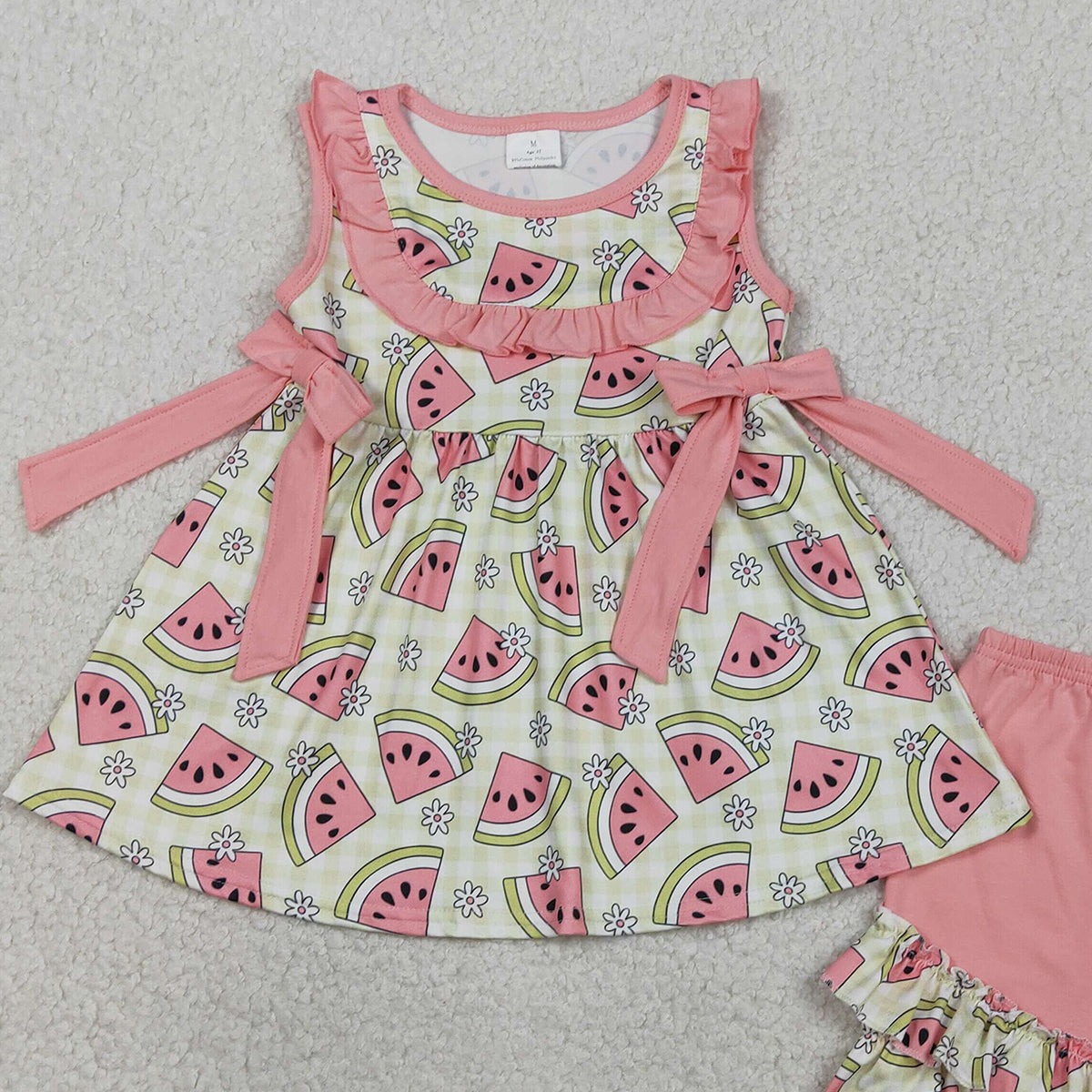 RTS NO MOQ GSSO3118  Baby Girls Green Tunic Ruffle Shorts Outfit with Checked Flowers Watermelons Print Cute Baby Girl Clothing Set