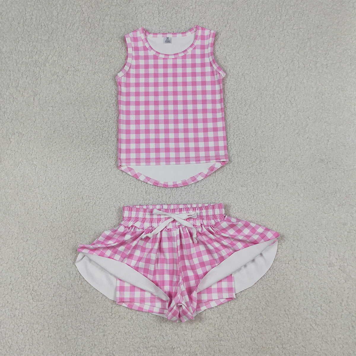 RTS NO MOQ GSSO3478 Baby Girls Pink Checked Vests Top with Butterfly Short Yoga Active Clothes Set for Kids