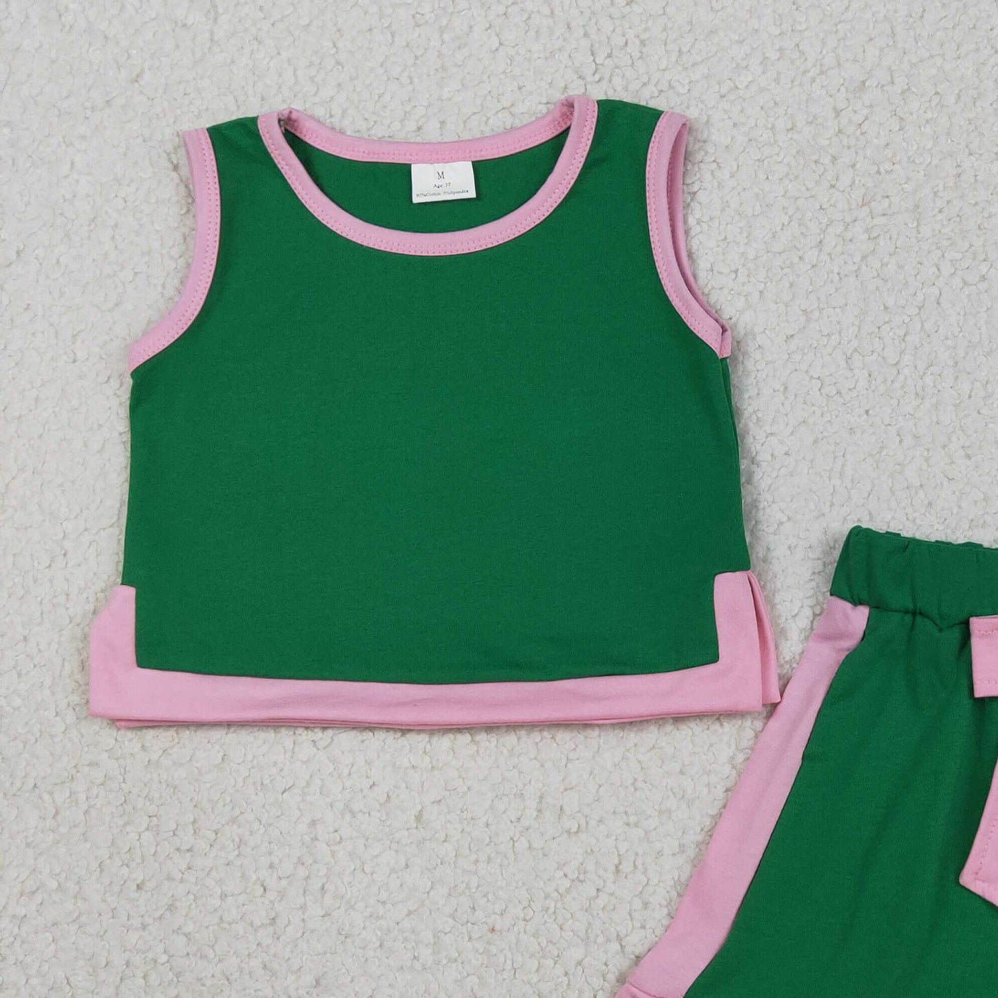 RTS NO MOQ cotton GSD3830 Baby Girls Green Pink Sleeveless Vest Ruffle Bow Skirt Set