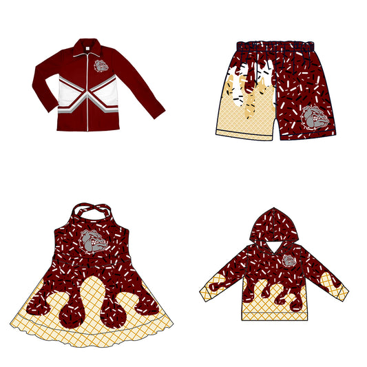 Custom moq 5 mix size milk silk baby girls clothes team bow brick red hooded long sleeve tops and shorts and jacket and dress-25.7.25