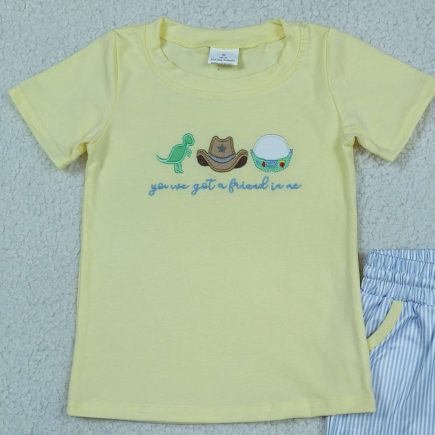 RTS NO MOQ BSSO1968 Baby Boys Dinosaur Embroidery Hat Set Pocket Top Stripe Short Outfit