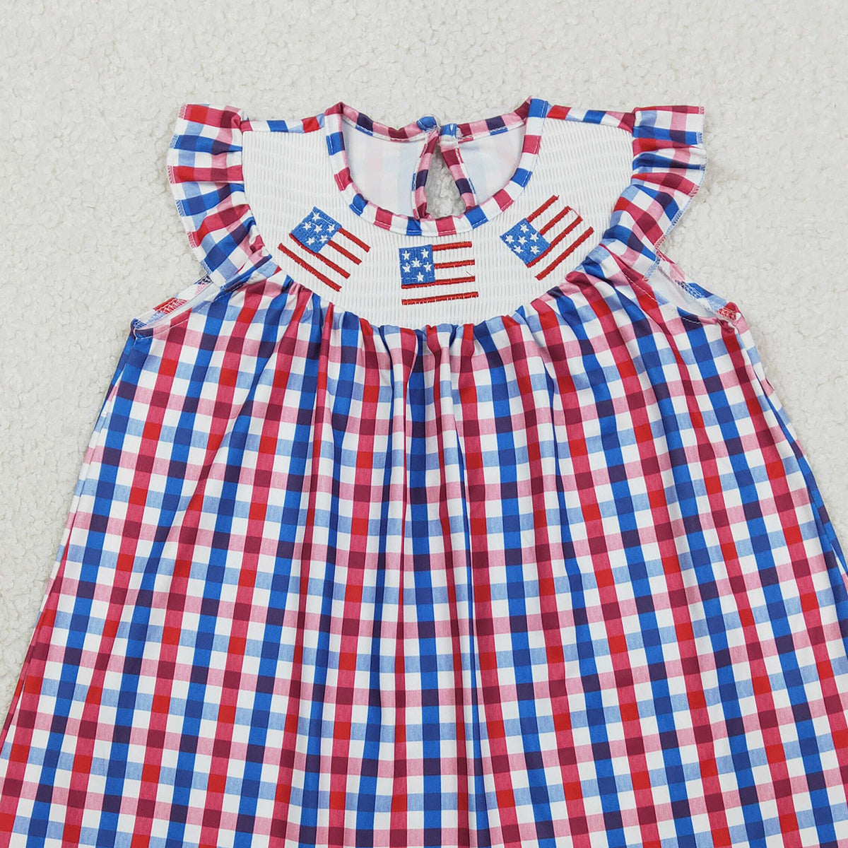RTS NO MOQ GSD3506 Baby Girls Knee-Length Smocked Dress Red Blue Checked 4th of July Flags Patterned Clothing for Infants
