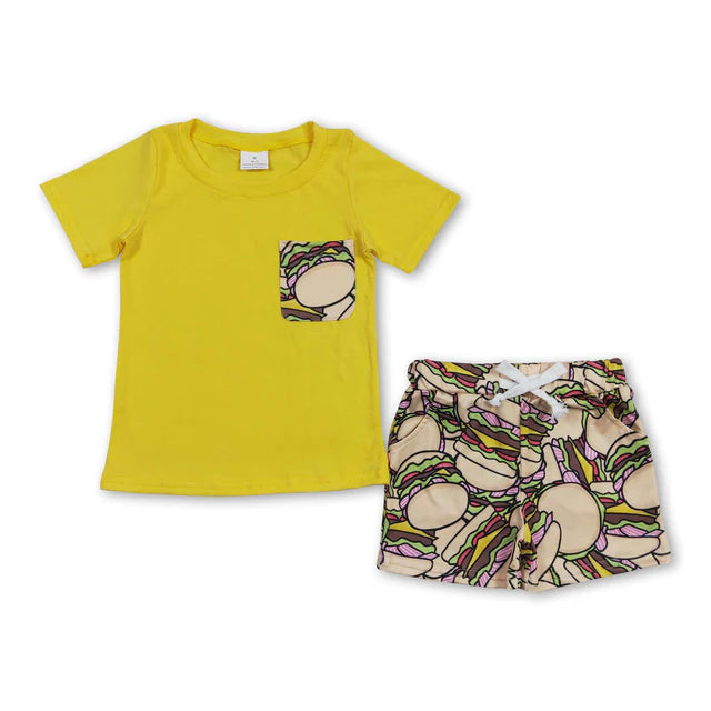 RTS NO MOQ Sibling Baby Boys Hamburger Taco Shirt Top Shorts Clothes Sets