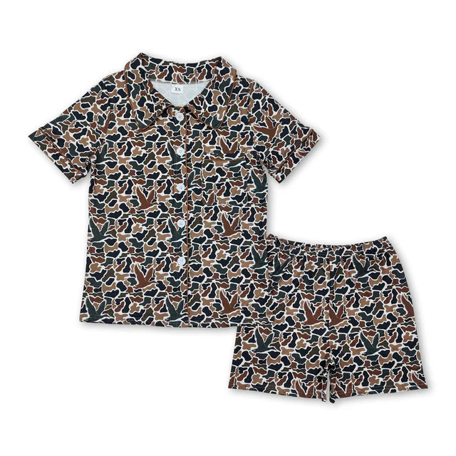 RTS NO MOQ Sibling Sibling Adult Women Camo Button Pockets Top Shorts Pajamas Set