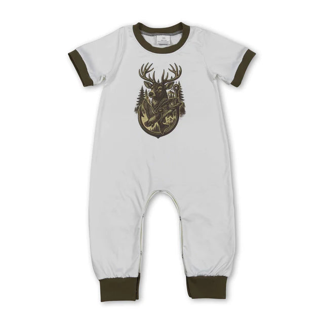 RTS NO MOQ Sibling Baby Boys Deer Fish Ducks Hunting Footie Rompers