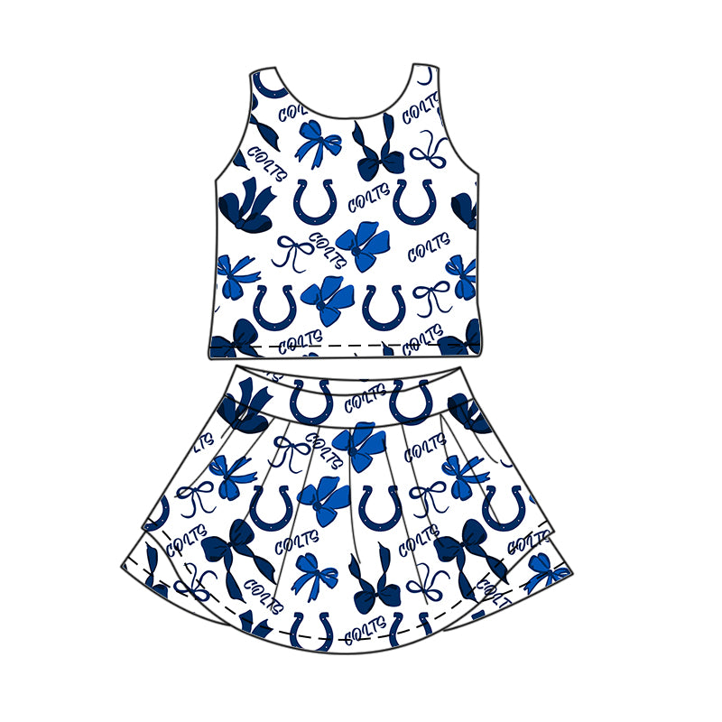 Custom moq 5 mix size milk silk summer teams Baby Girls Blue Bow Vest Top Skirt Shorts Sets Sleeveless Knee Length Dresses Yoga Shorts Active Outfit