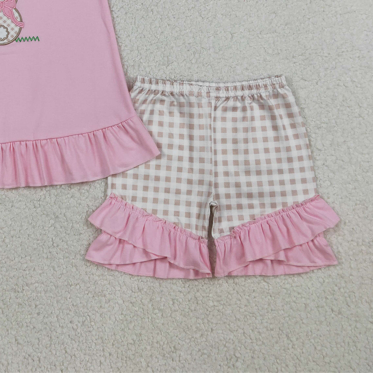 RTS NO MOQ GSSO0374 Baby Girls Pink Embroidery Rabbit Tunic with Checked Ruffle Shorts Outfit Set