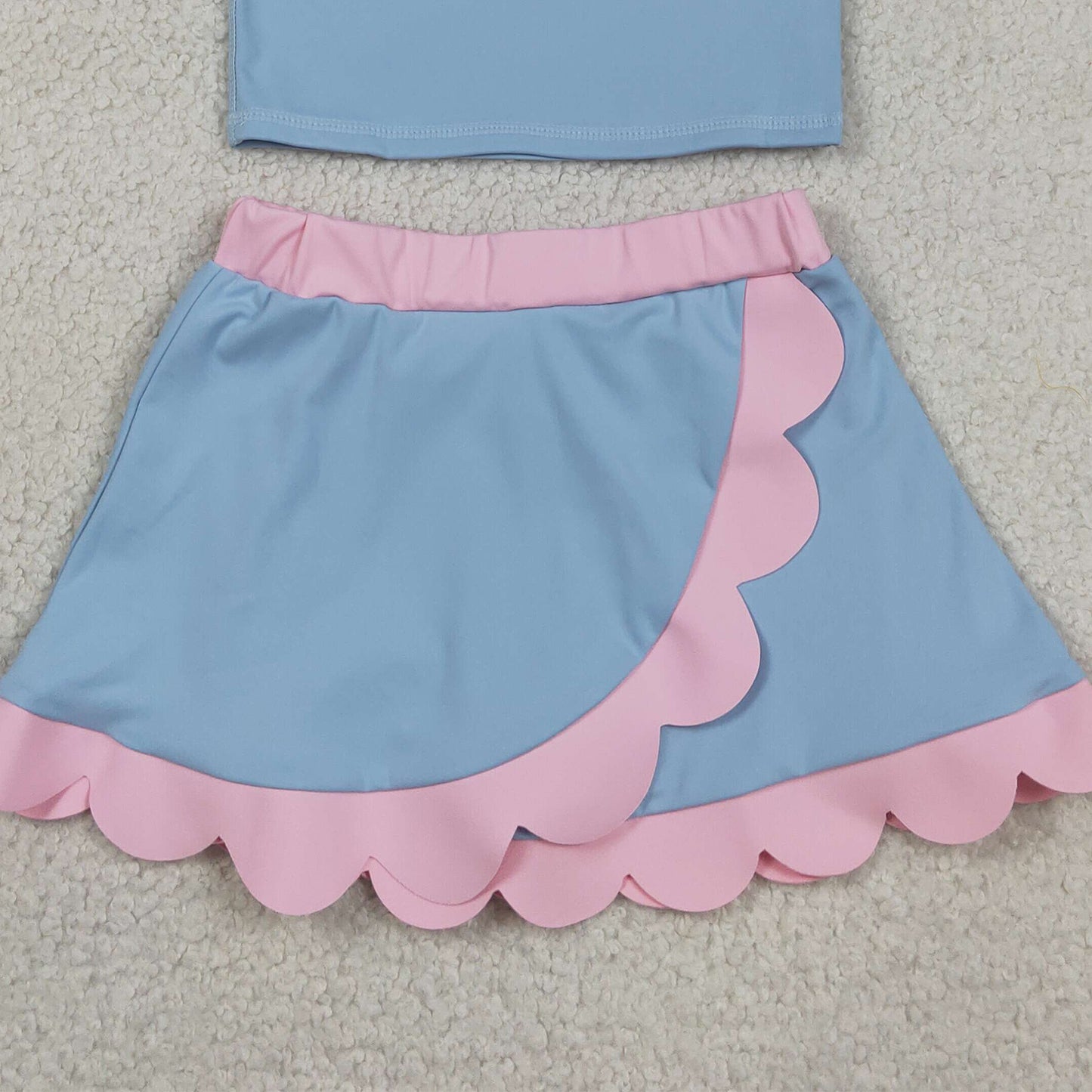RTS NO MOQ yoga fabric cotton GSD4014 Baby Girls Summer Blue Pink Sleeveless Scallop Skirt Yoga Set