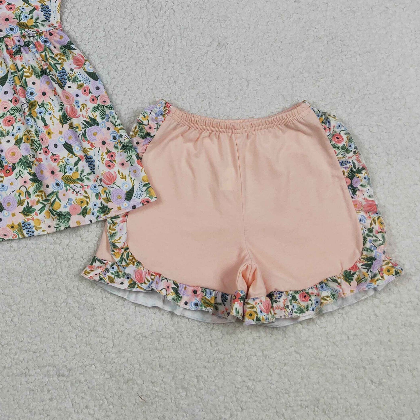 RTS NO MOQ milk silk GSSO2180 Baby Girls Colorful Flowers Flutter Sleeve Tunic Ruffle Shorts Sets