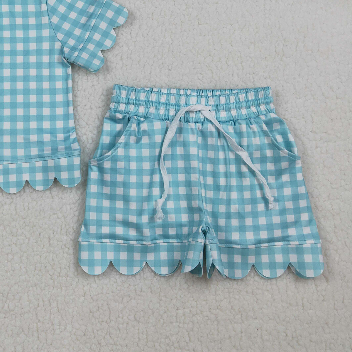 RTS NO MOQ GSSO3190 Baby Girls Blue Checked Shirt Top with Scallop Trim And Short Sleeve Matching Shorts Outfit Set