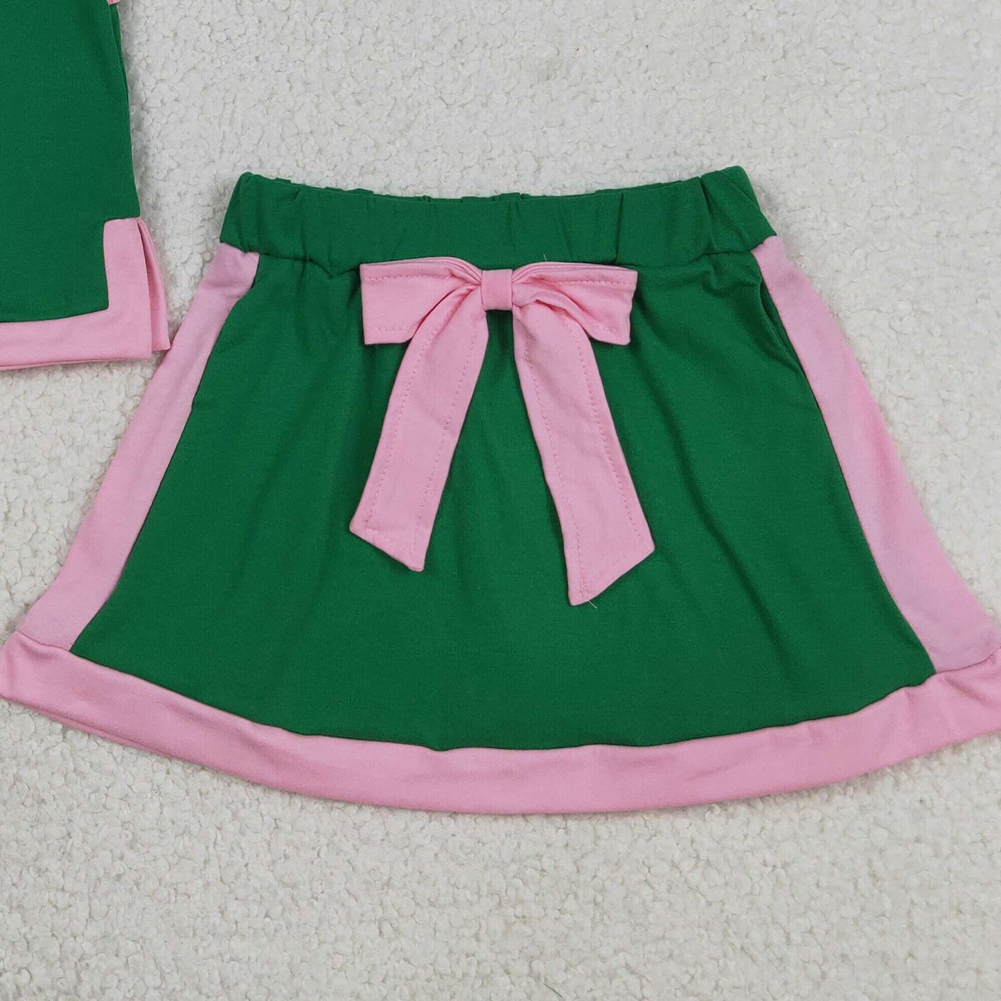 RTS NO MOQ cotton GSD3830 Baby Girls Green Pink Sleeveless Vest Ruffle Bow Skirt Set