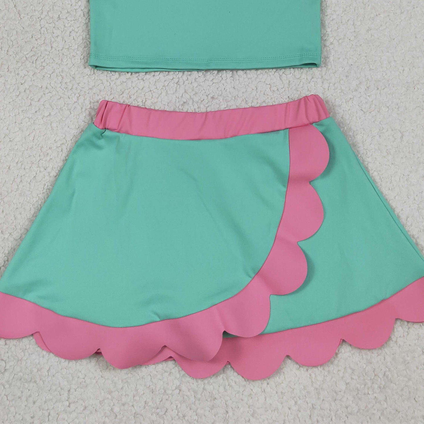 RTS NO MOQ yoga fabric cotton GSD4012 Yoga Baby Girls Cute Sleeveless Light Blue Vest Scallop Skirt Yoga Set