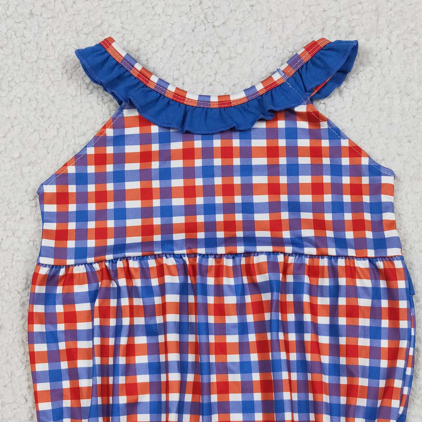 RTS NO MOQ milk silk SR3835 Baby Girls Farm Animal Embroidery Red Blue Checked Ruffle Rompers