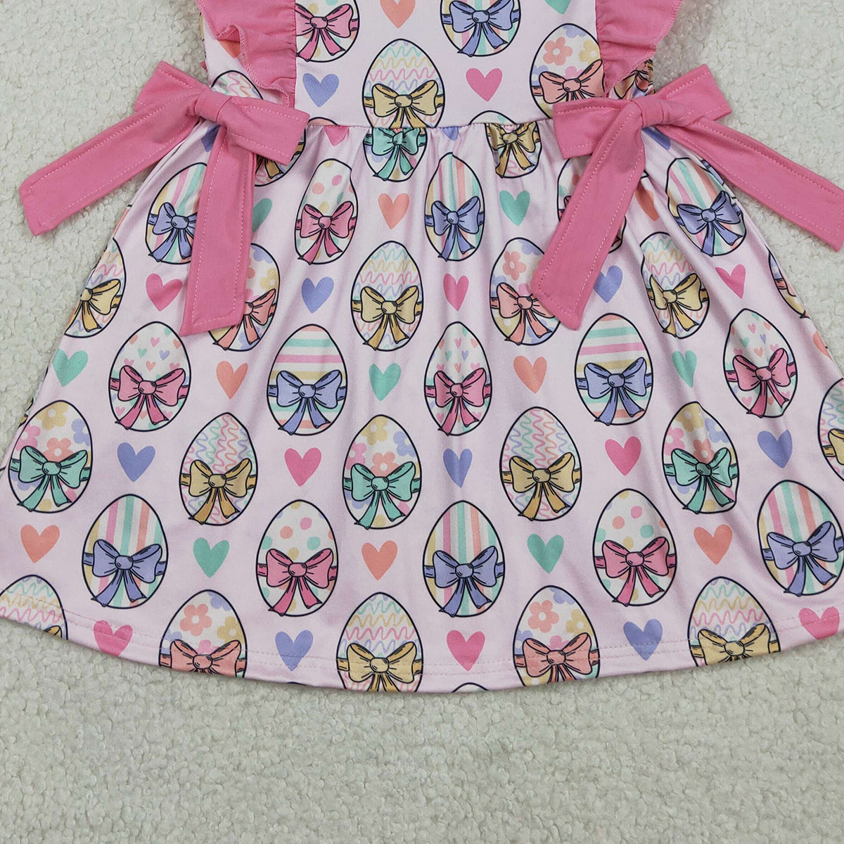 RTS NO MOQ GSD3537 Baby Girls Easter Knee-Length Dress with Flutter Sleeves Colorful Heart Eggs Design for Spring Fashionable Kids' Clothing