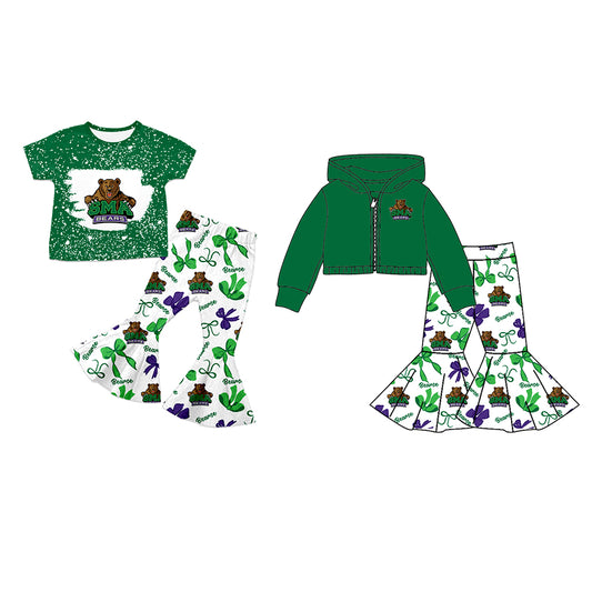 Custom moq 5 mix size milk silk summer teams baby girls clothes bow green short sleeve pants sets and hooded long sleeve pants sets-25.7.24
