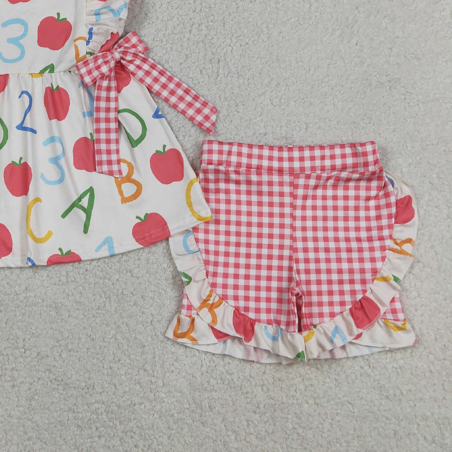RTS NO MOQ GSSO3258 Infant Girls Cute Apple ABC Tunic Ruffle Short Back To School Clothes Set （2T-14-16T）