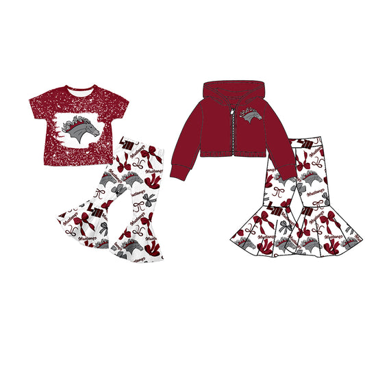 Custom moq 5 mix size milk silk summer teams baby girls clothes bow brick red short sleeve pants sets and hooded long sleeve pants sets-25.7.23