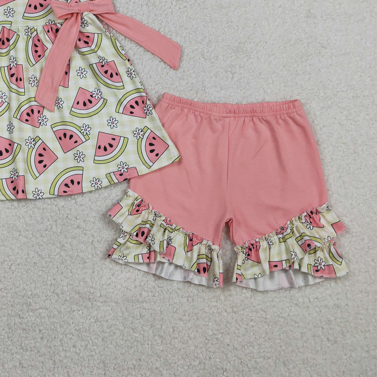 RTS NO MOQ GSSO3118  Baby Girls Green Tunic Ruffle Shorts Outfit with Checked Flowers Watermelons Print Cute Baby Girl Clothing Set