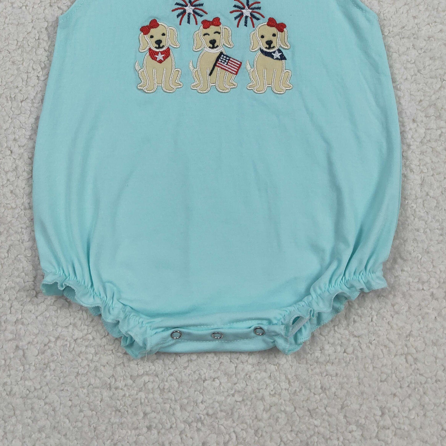 RTS NO MOQ milk silk SR4051 Baby Girls Cute Embroidery Dogs Flags Ruffle Flutter Sleeve Rompers