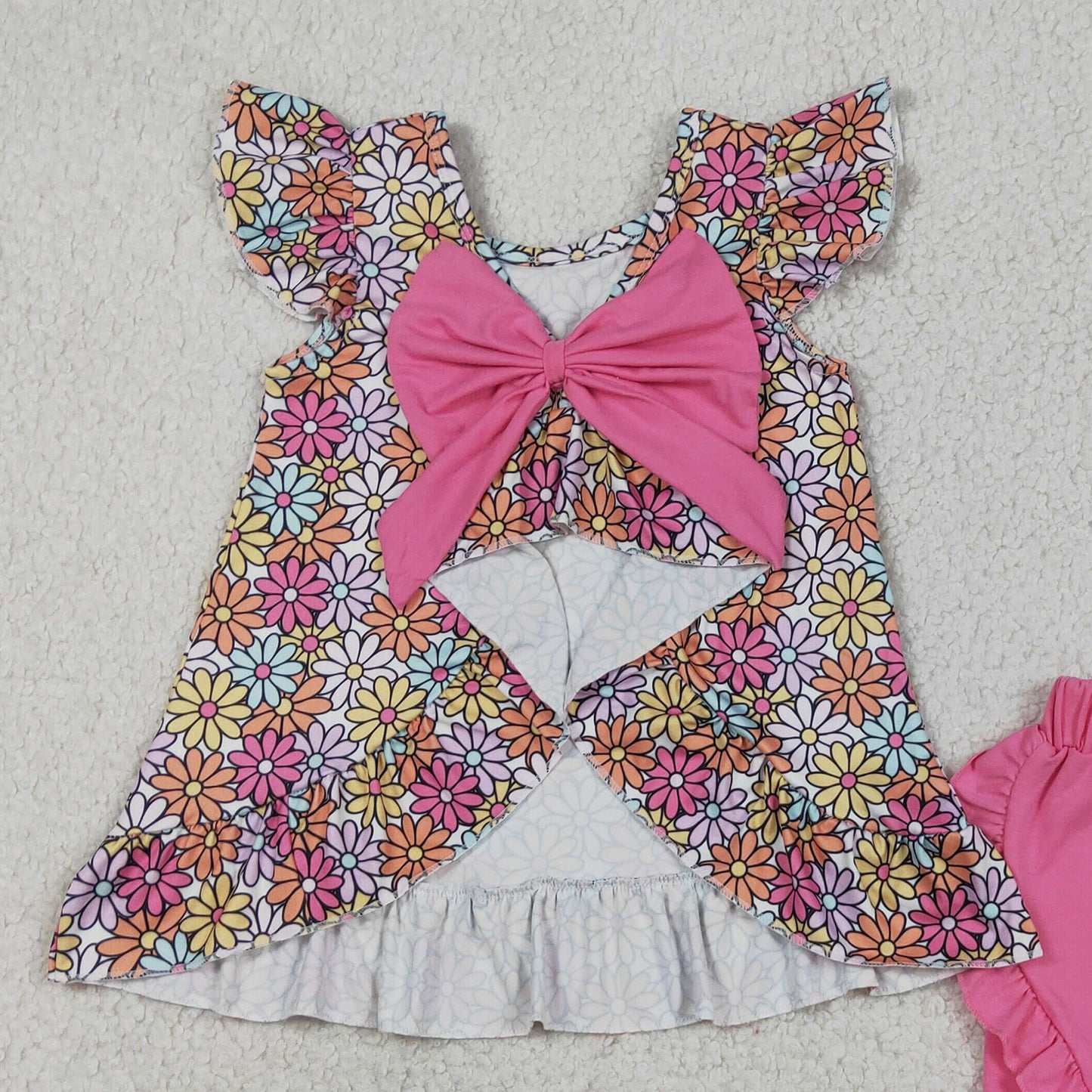 RTS NO MOQ GSSO3353 Colorful Daisy Floral Back Bow Tunic Casual Clothes Sets