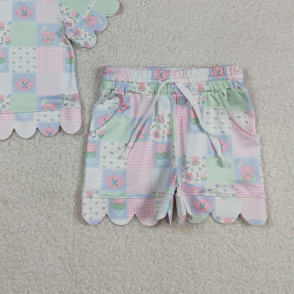 RTS NO MOQ GSSO3229 Baby Girls Colorful Flowers Checked Top with Scallop Shorts Outfit Set