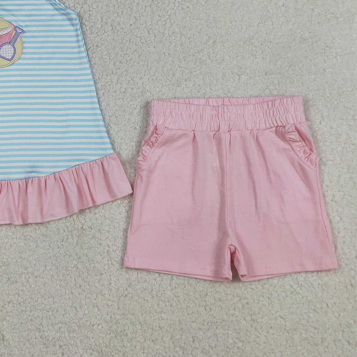 RTS NO MOQ GSSO3109 Baby Girls Blue Stripe Tunic And Shorts Set with Pockets Embroidery for Little Girls