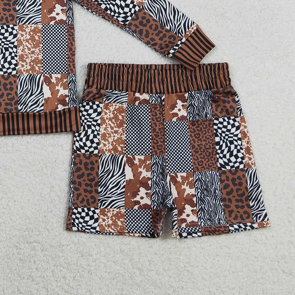 RTS NO MOQ GLS0079 Baby Girls Western Style Clothes Set Leopard Cow Print Checked Top with Shorts Cute Animal Pattern Outfit for Infants