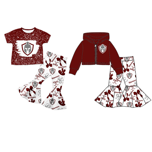 Custom moq 5 mix size milk silk summer teams baby girls clothes bow brick red short sleeve pants sets and hooded long sleeve pants sets-25.7.22