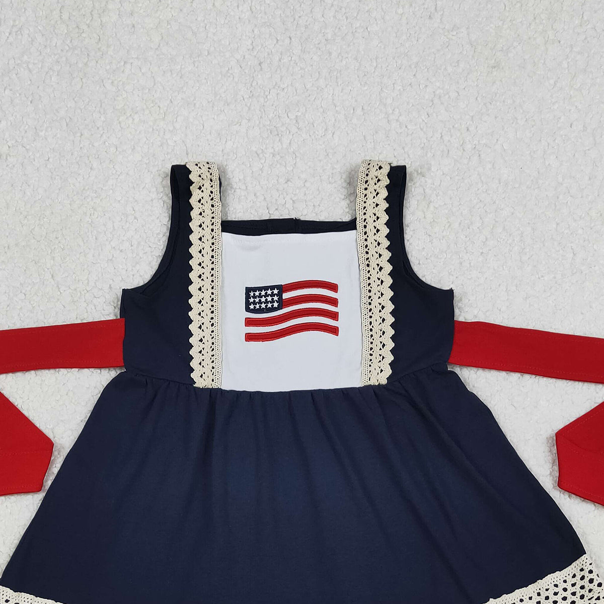 RTS NO MOQ GSD4087 Baby Girls Sleeveless Ruffle Knee-Length Dress Embroidered Flags 4th of July Casual Summer Outfit for Toddlers(2T-10-12T）