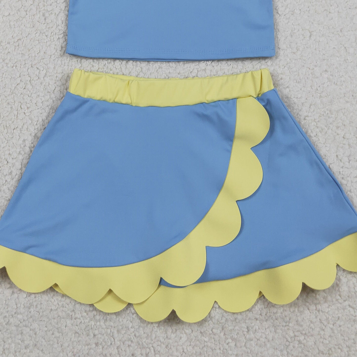 RTS NO MOQ yoga fabric cotton GSD4022 Baby Girls Sleeveless Blue Yellow Vest Scallop Skirt Short Yoga Active Clothes Set