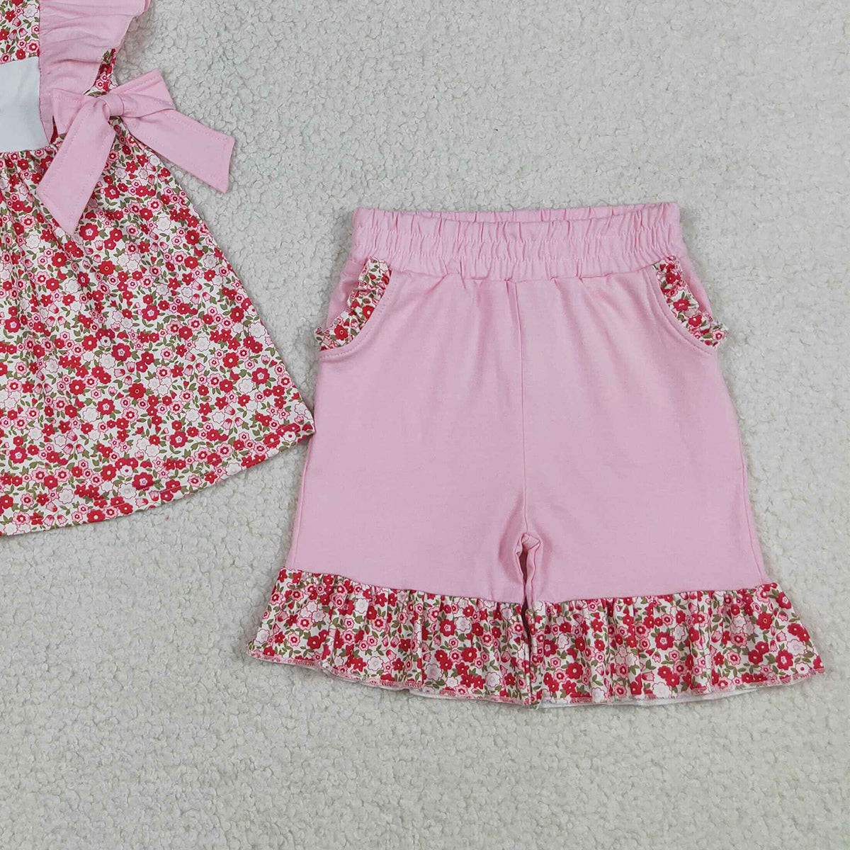 RTS NO MOQ GSSO3131 Baby Girls Embroidery Mama's Girls Flowers Tunic with Pockets Ruffle Shorts Outfit Set