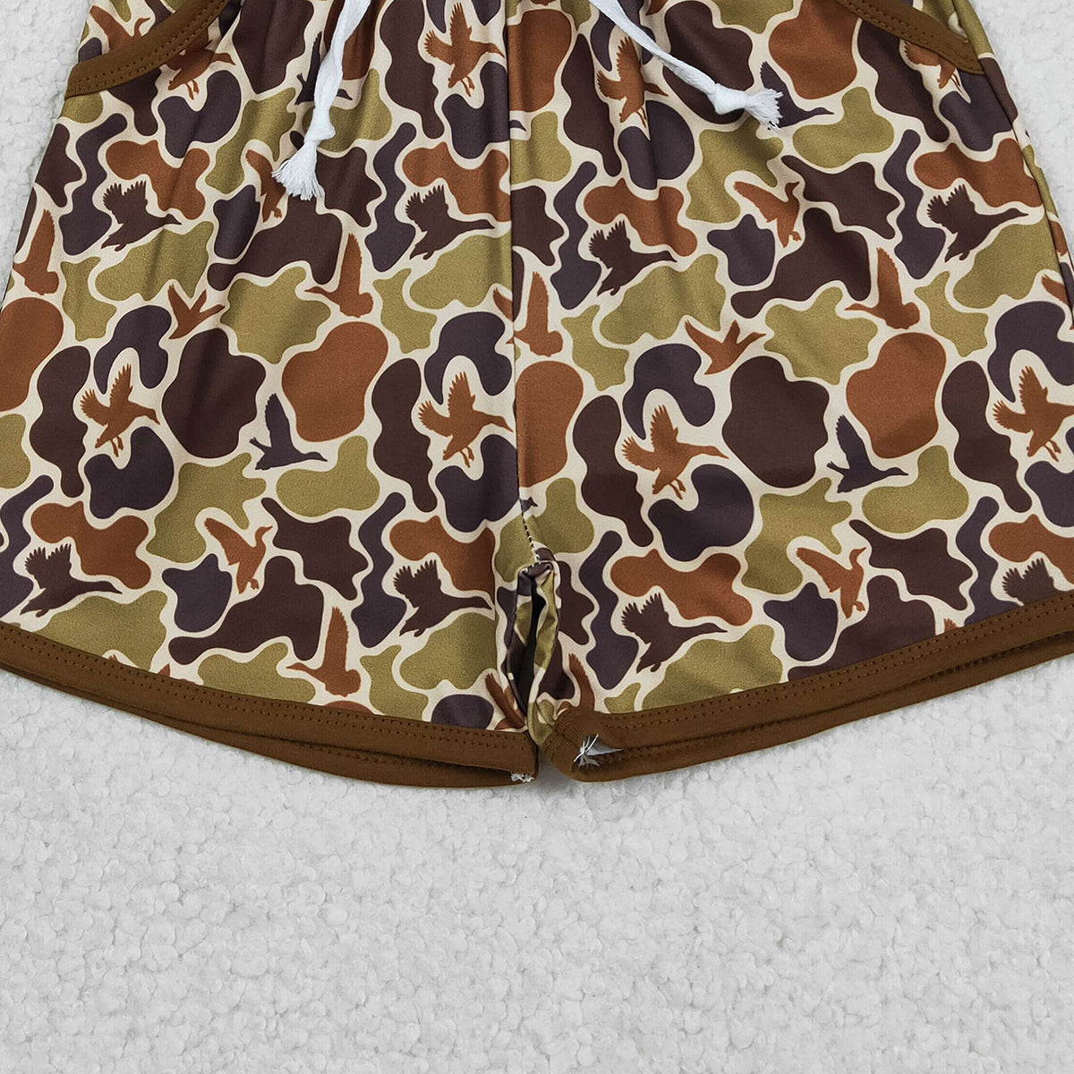 RTS NO MOQ SS0673 Baby Boys Olive Brown Ducks Camouflage Hunting Shorts with Pockets Bottom