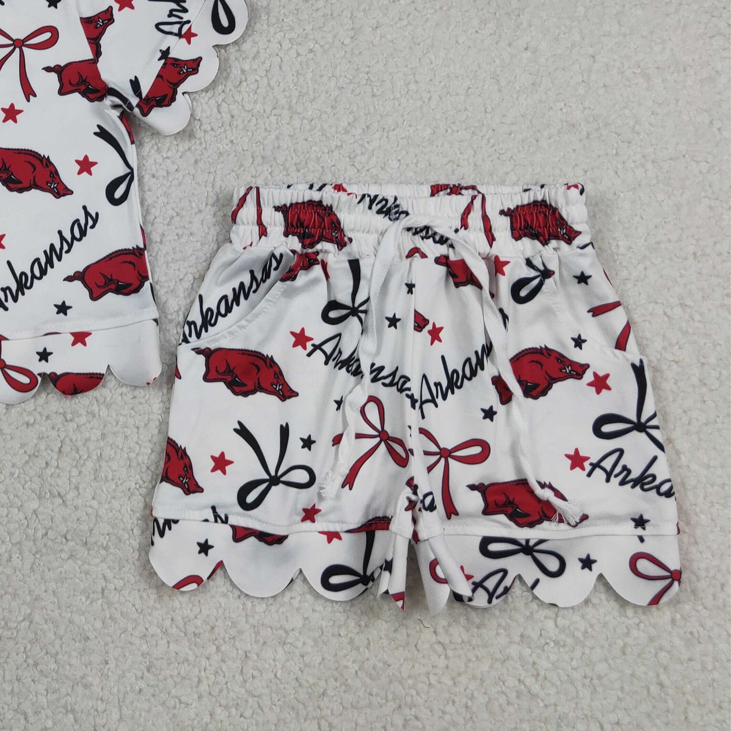 RTS NO MOQ milk silk GSSO3254 Baby Girls Star Bows Top With Pockets Shorts Team Scallop Clothes Set