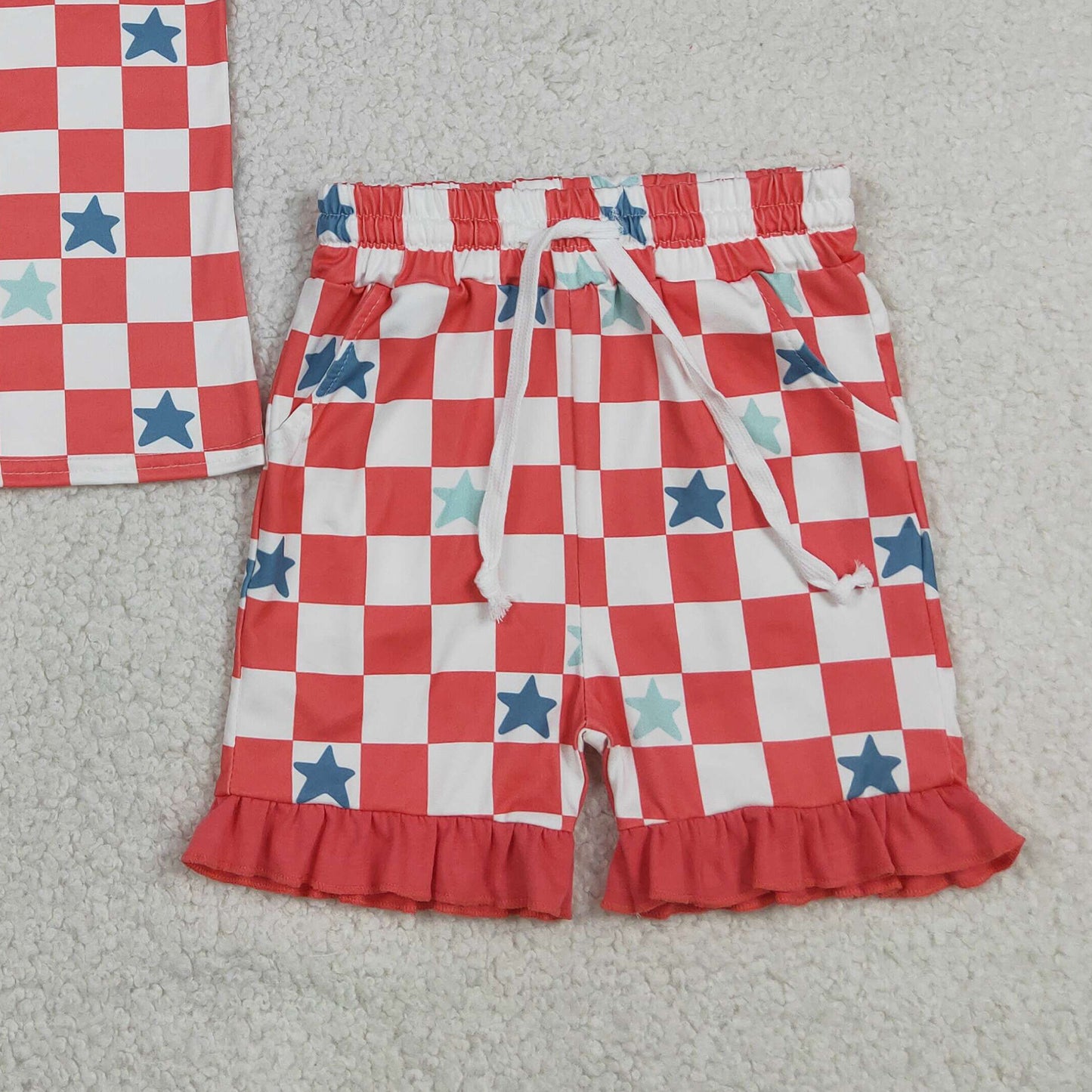RTS NO MOQ milk silk GSSO3293 Baby Girls Red Stars Checked Top with Pockets And Ruffle Shorts Outfit Set for 4th of July
