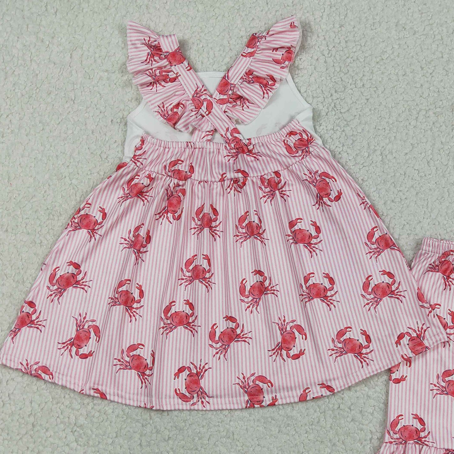 RTS NO MOQ GSSO3066 Baby Girls Cute Flutter Sleeve Pink Crab Stripe Tunic Ruffle Shorts