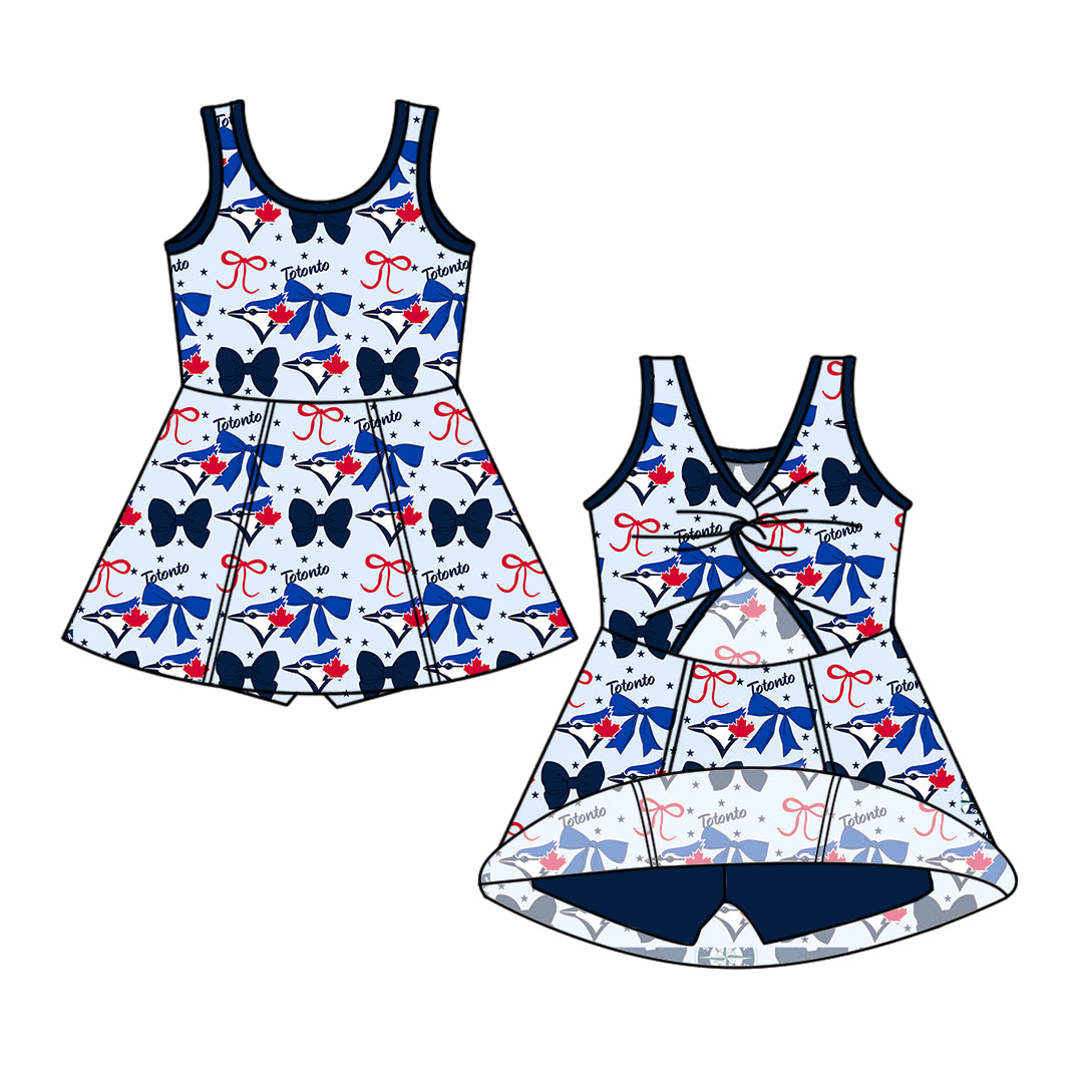 Custom moq 5 mix size milk silk summer teams baby girls clothes team bow blue long sleeve hooded pants sets and dress 1 and dress 2 and top-25.6.17