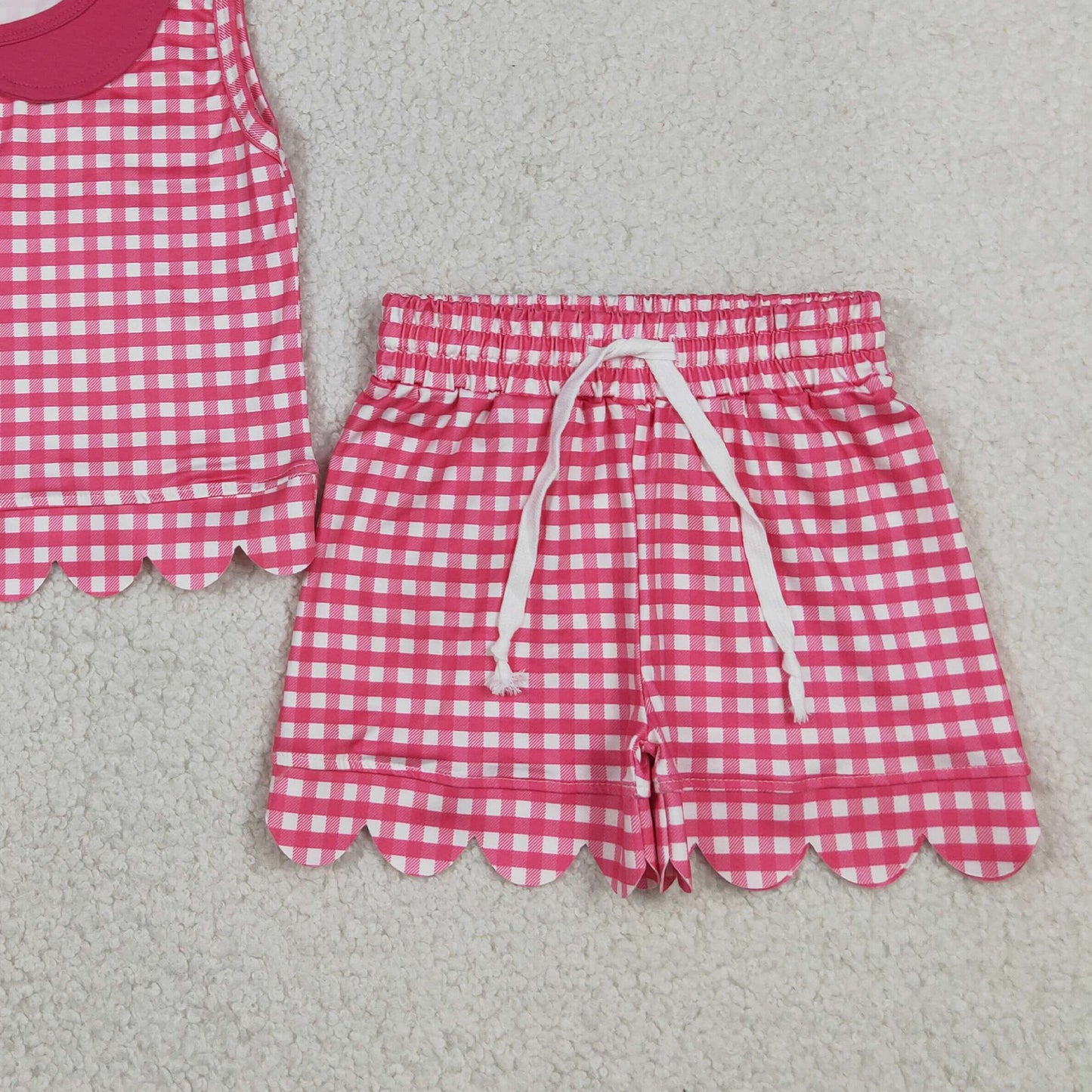 RTS NO MOQ milk silk GSSO3395 Baby Girls Cute Hot Pink Plaid Collar Sleeveless Two Piece Outfit