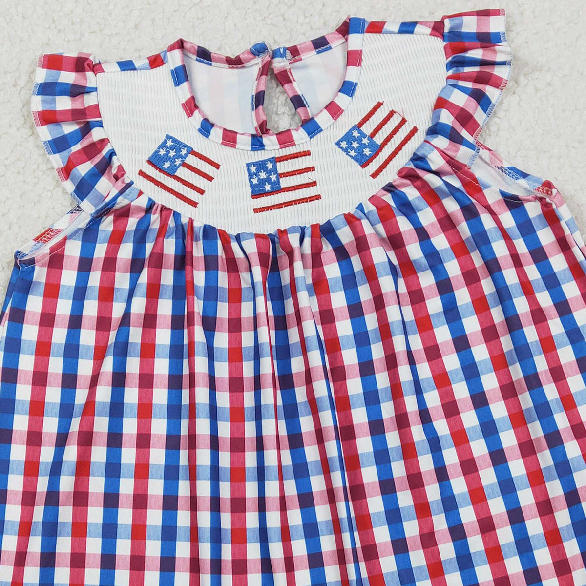RTS NO MOQ GSD3506 Baby Girls Knee-Length Smocked Dress Red Blue Checked 4th of July Flags Patterned Clothing for Infants