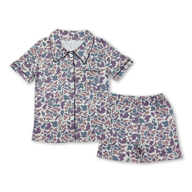 RTS NO MOQ Sibling Sibling Adult Women Camo Button Pockets Top Shorts Pajamas Set