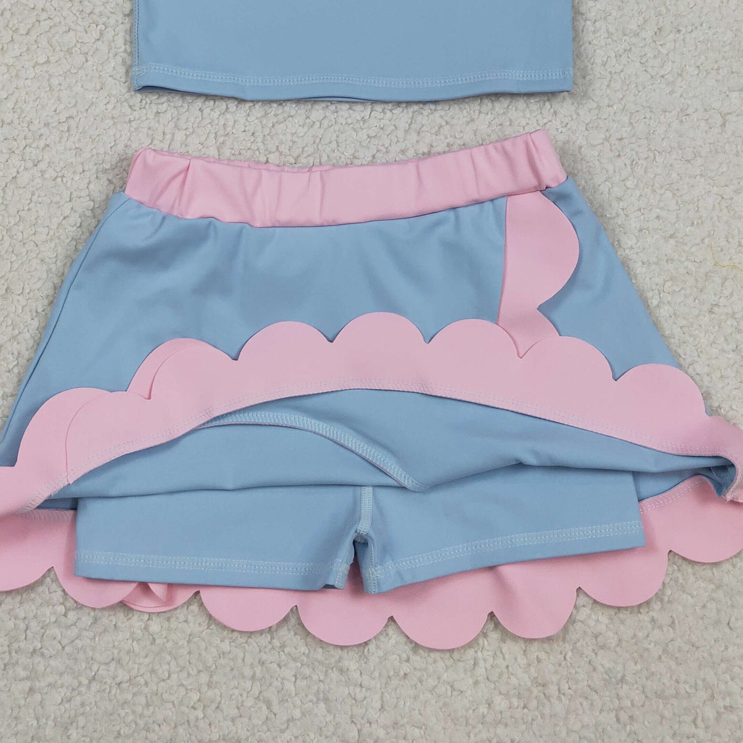RTS NO MOQ yoga fabric cotton GSD4014 Baby Girls Summer Blue Pink Sleeveless Scallop Skirt Yoga Set