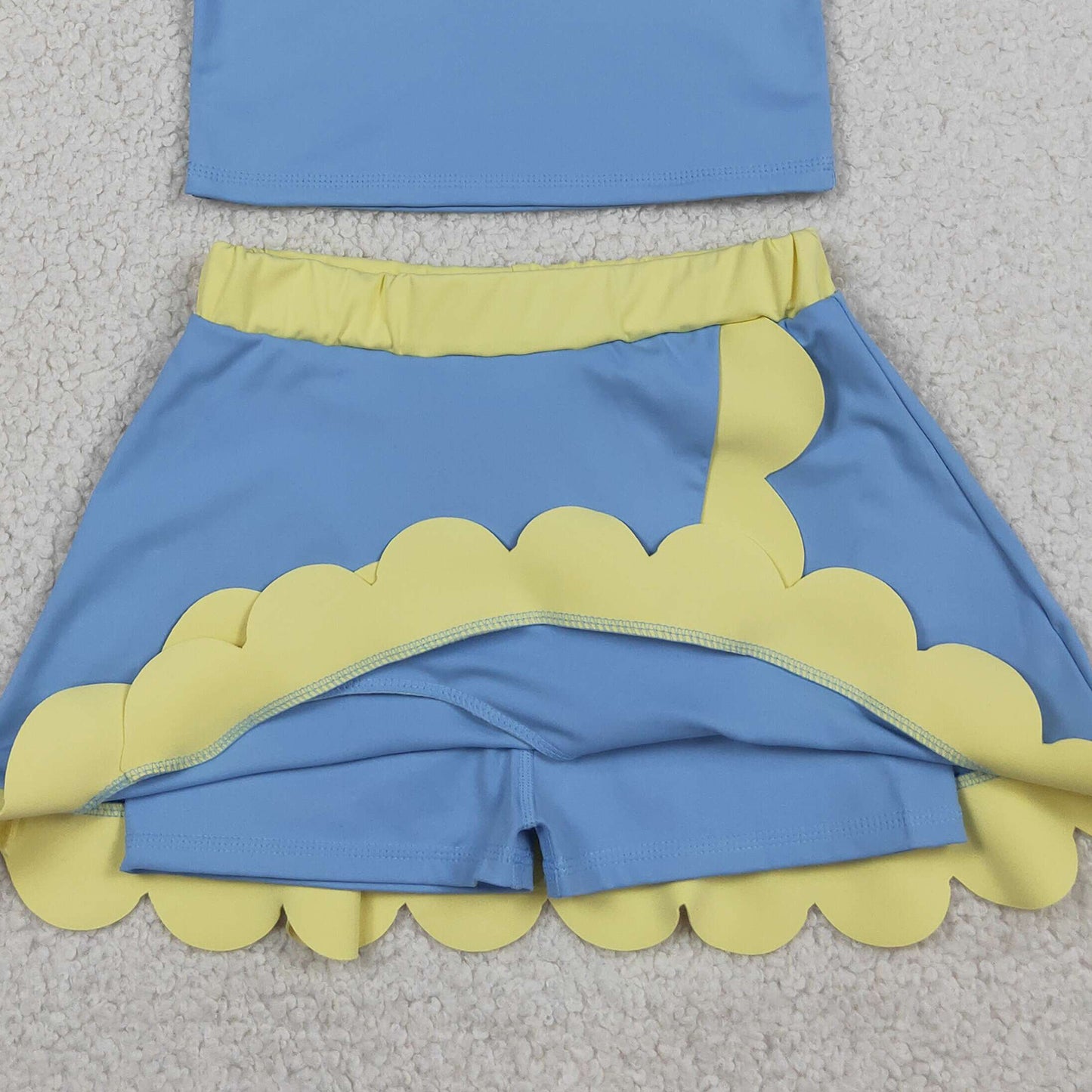 RTS NO MOQ yoga fabric cotton GSD4022 Baby Girls Sleeveless Blue Yellow Vest Scallop Skirt Short Yoga Active Clothes Set