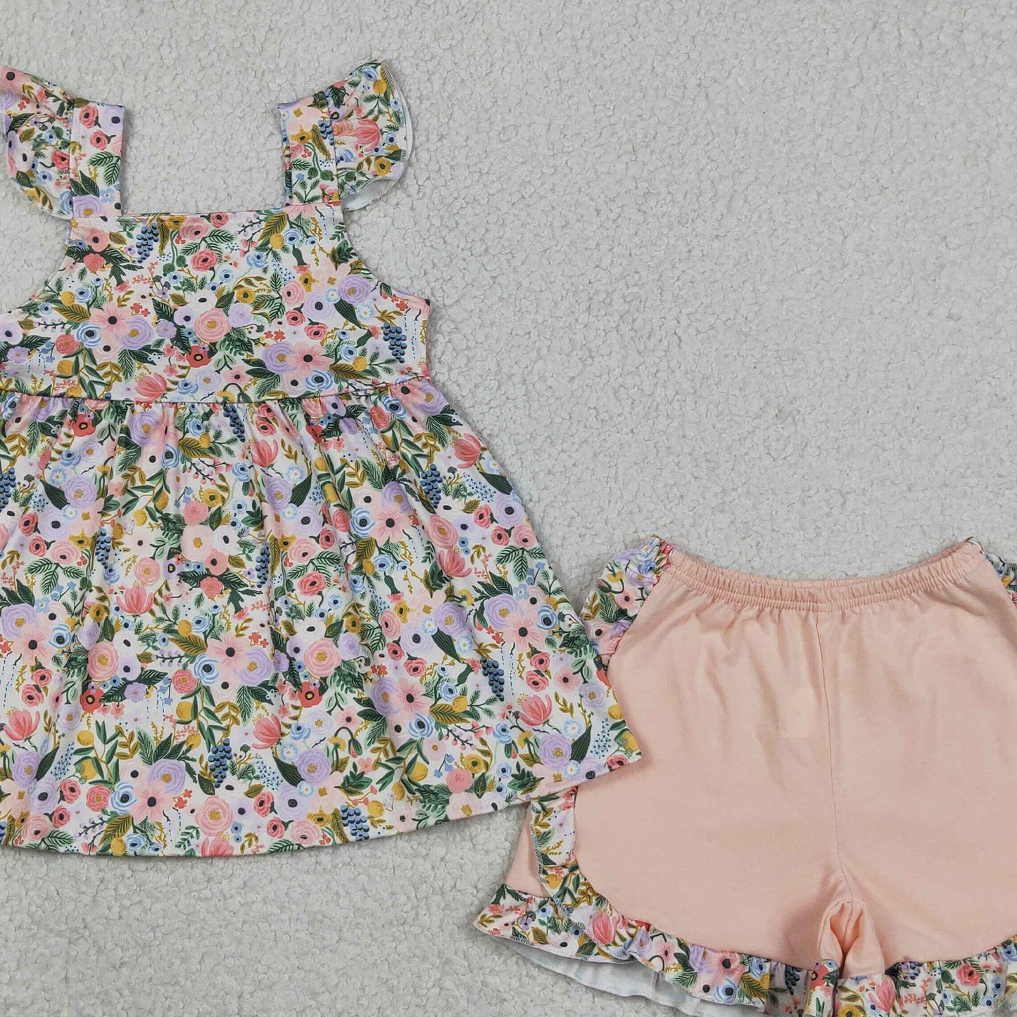 RTS NO MOQ milk silk GSSO2180 Baby Girls Colorful Flowers Flutter Sleeve Tunic Ruffle Shorts Sets