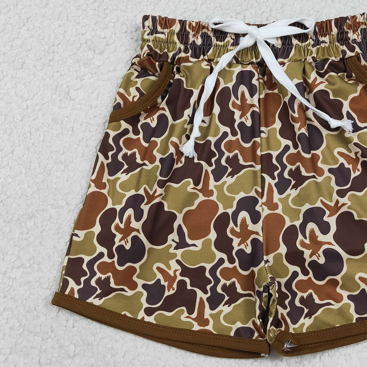 RTS NO MOQ SS0673 Baby Boys Olive Brown Ducks Camouflage Hunting Shorts with Pockets Bottom