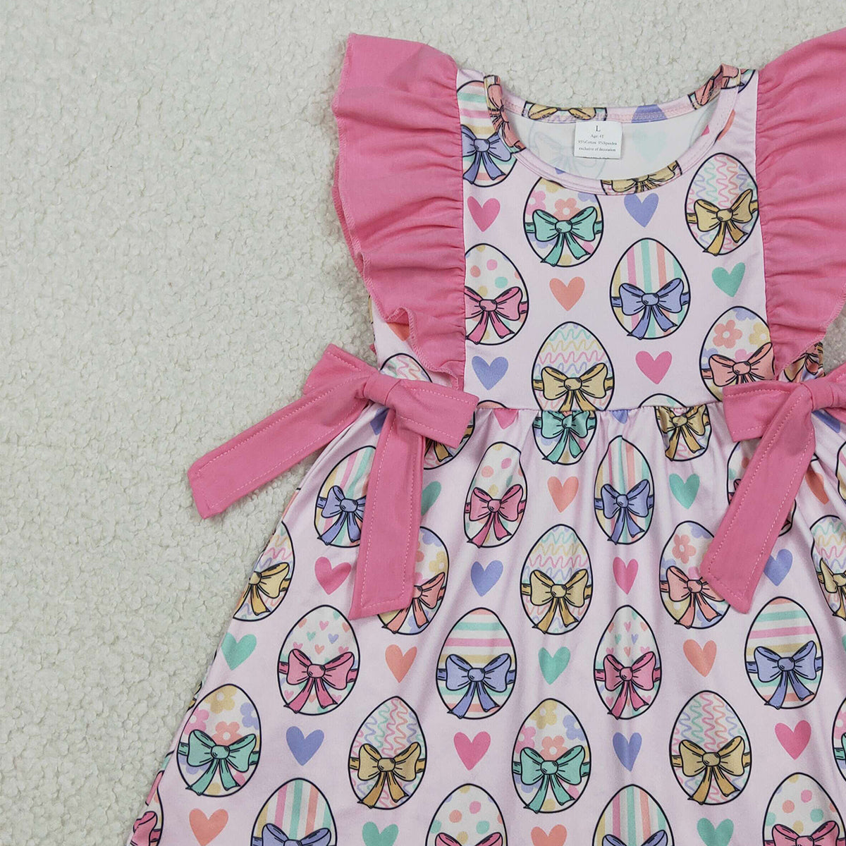RTS NO MOQ GSD3537 Baby Girls Easter Knee-Length Dress with Flutter Sleeves Colorful Heart Eggs Design for Spring Fashionable Kids' Clothing