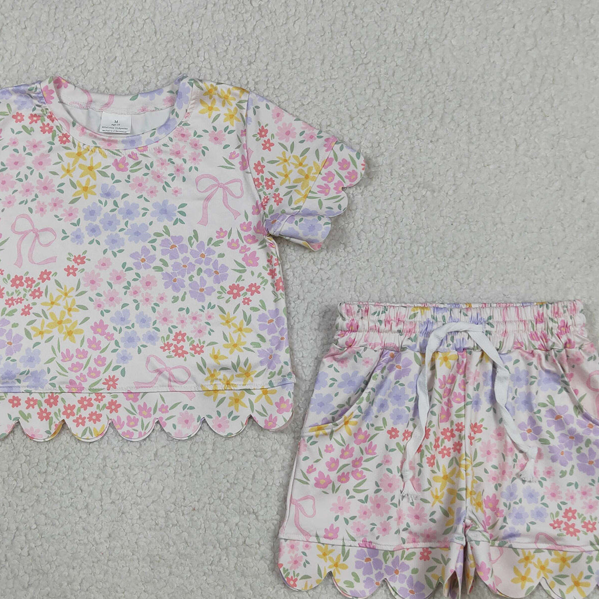RTS NO MOQ GSSO3270 Toddler Girls Sweet Colorful Flowers Bow Top Pocket Scallop Shorts Outfit