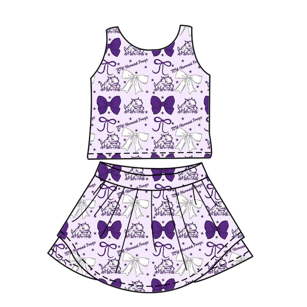 Custom moq 5 mix size milk silk summer teams baby girls clothes team bow purple sleeveless skirts sets and dress 1 and dress 2 and top-25.6.23