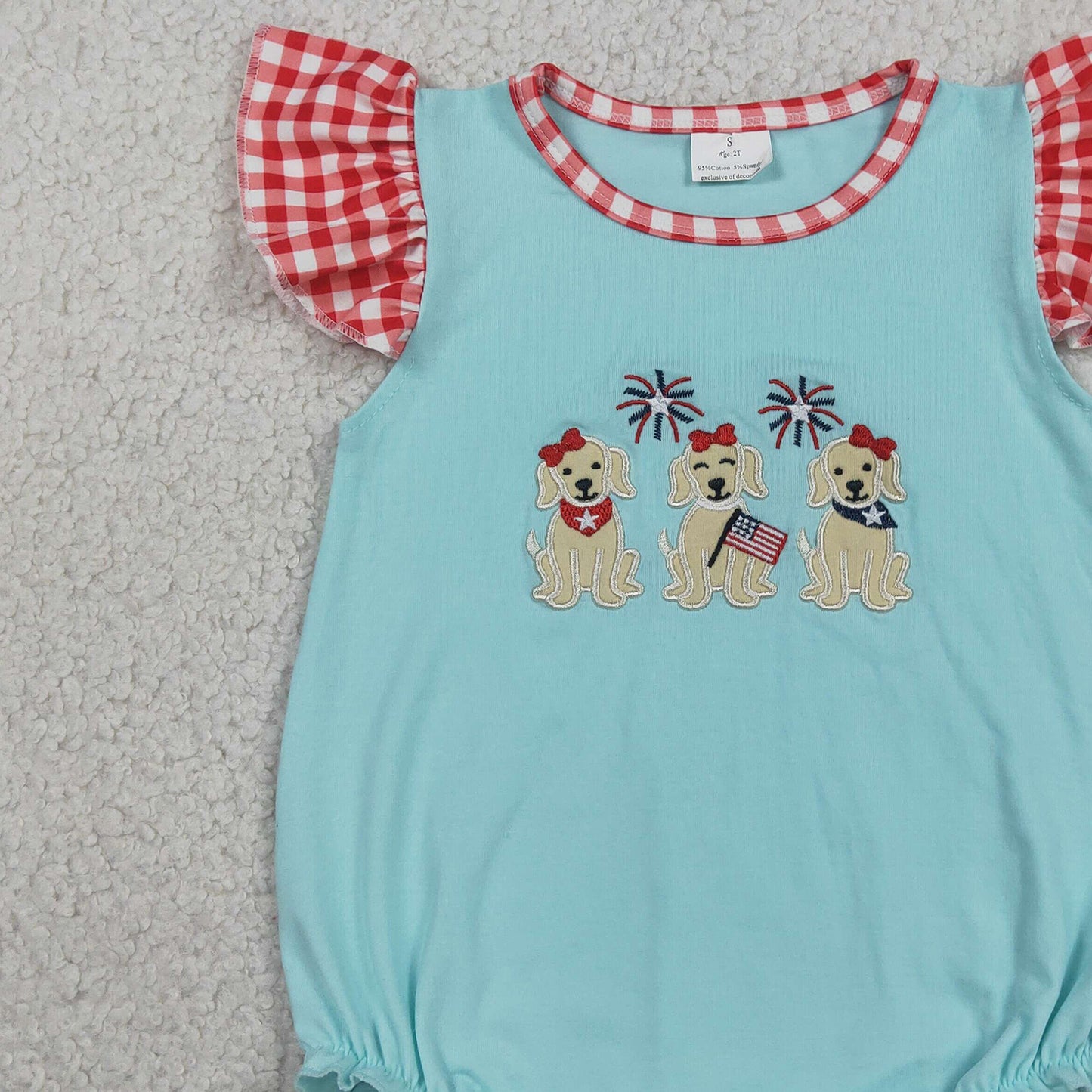 RTS NO MOQ milk silk SR4051 Baby Girls Cute Embroidery Dogs Flags Ruffle Flutter Sleeve Rompers
