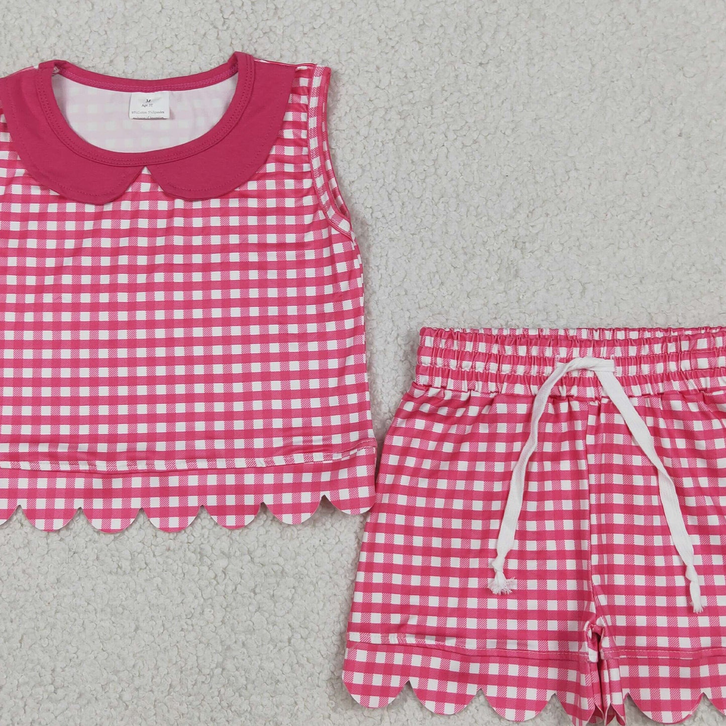 RTS NO MOQ milk silk GSSO3395 Baby Girls Cute Hot Pink Checked Collar Sleeveless Top Scallop Shorts Set