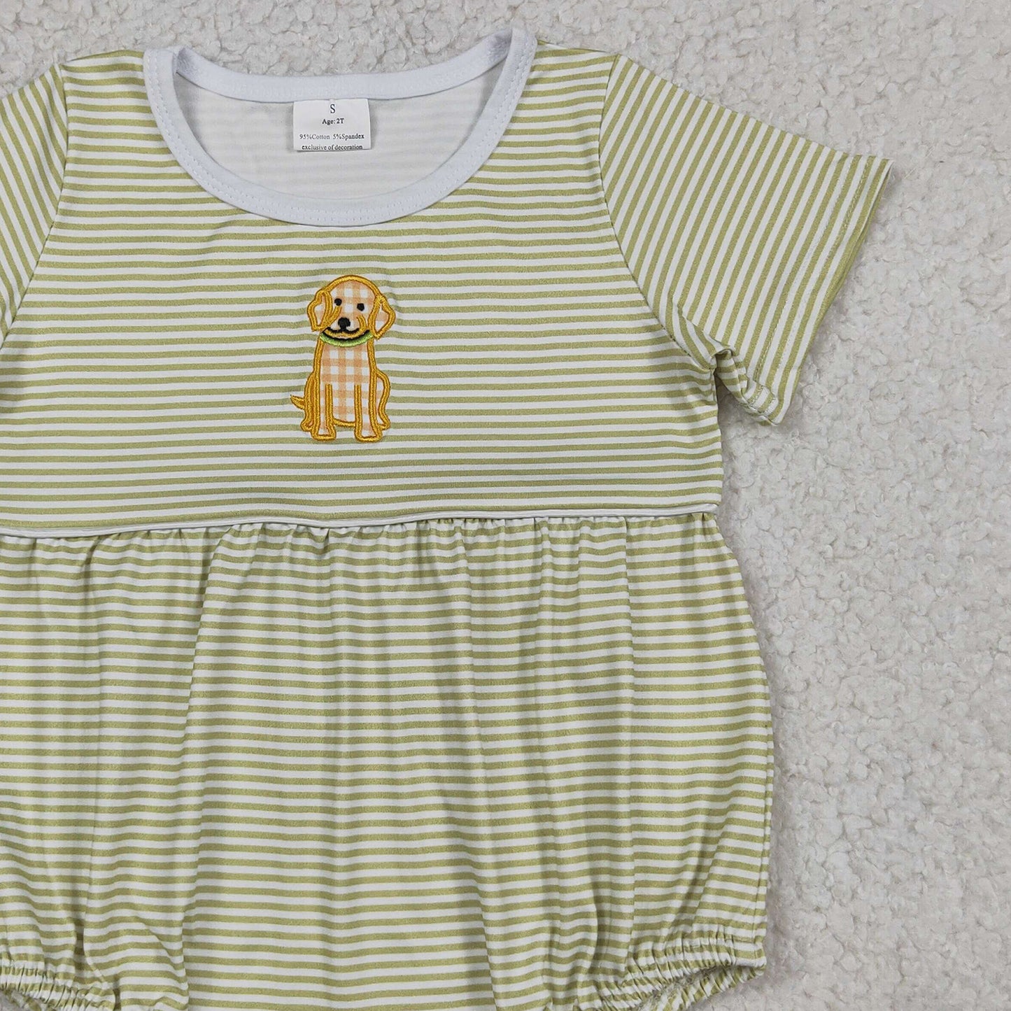RTS NO MOQ milk silk SR4140 Baby  Boys Embroidery Dog Short Sleeve Stripe Hunting Rompers