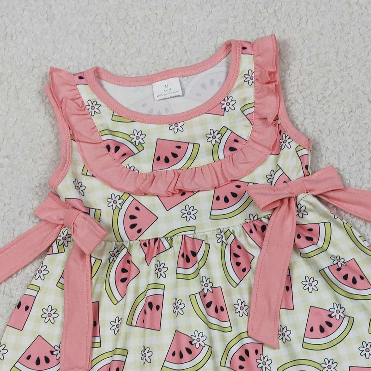 RTS NO MOQ GSSO3118  Baby Girls Green Tunic Ruffle Shorts Outfit with Checked Flowers Watermelons Print Cute Baby Girl Clothing Set
